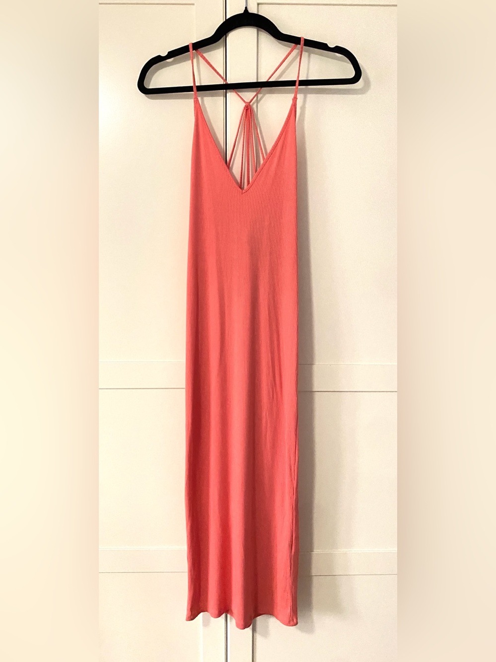 NWOT Forever 21 Coral Ribbed Knit Midi Dress V-Neck Strappy Back Summer Size M